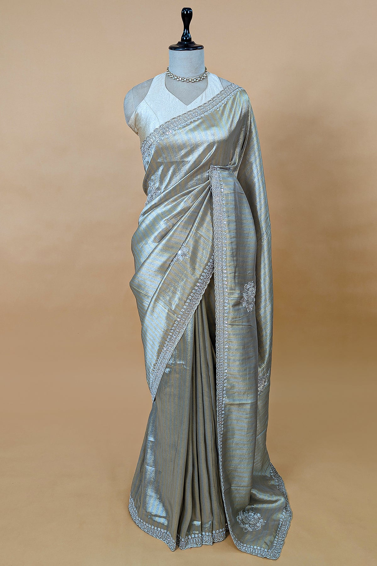 Golden and Silver Tissue Silk Stripe Saree with Sequin and Bead Work
