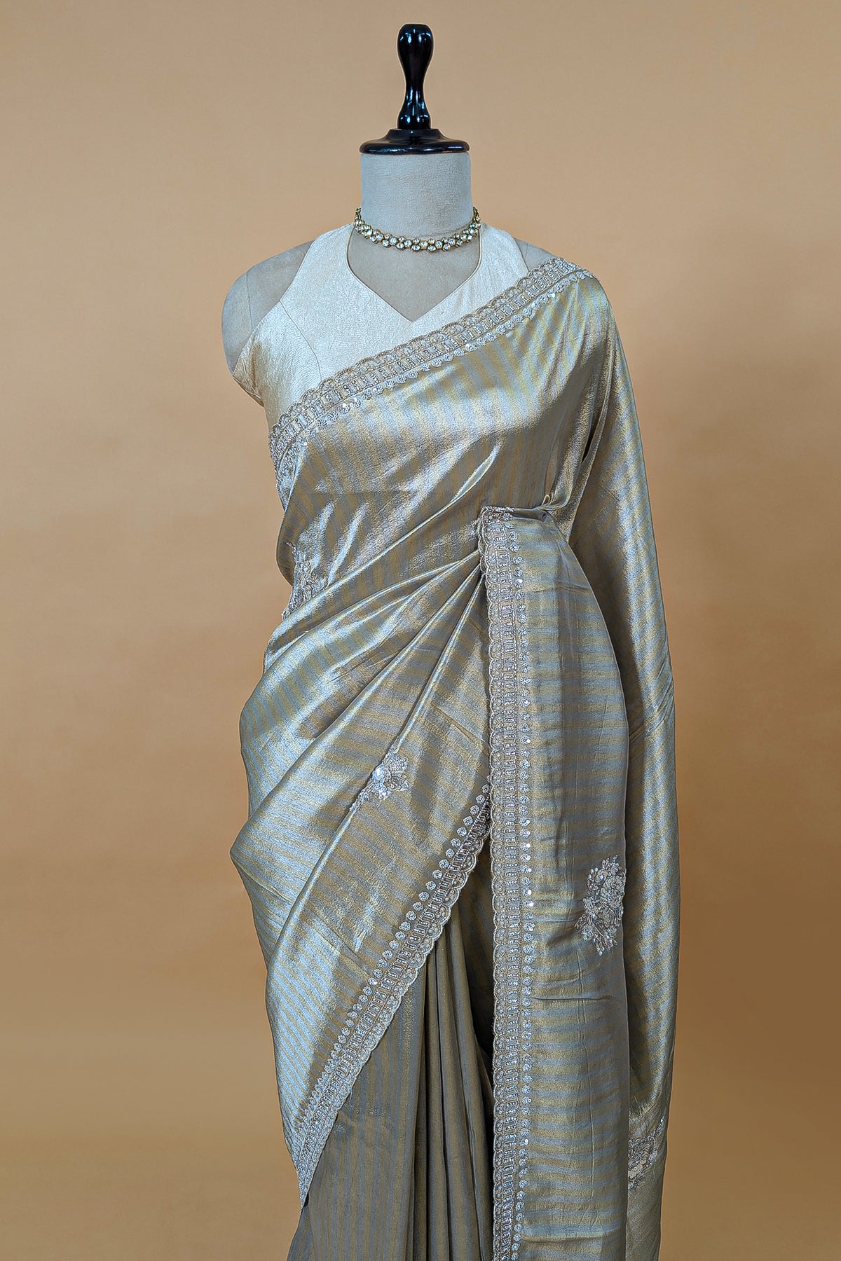 Golden and Silver Tissue Silk Stripe Saree with Sequin and Bead Work