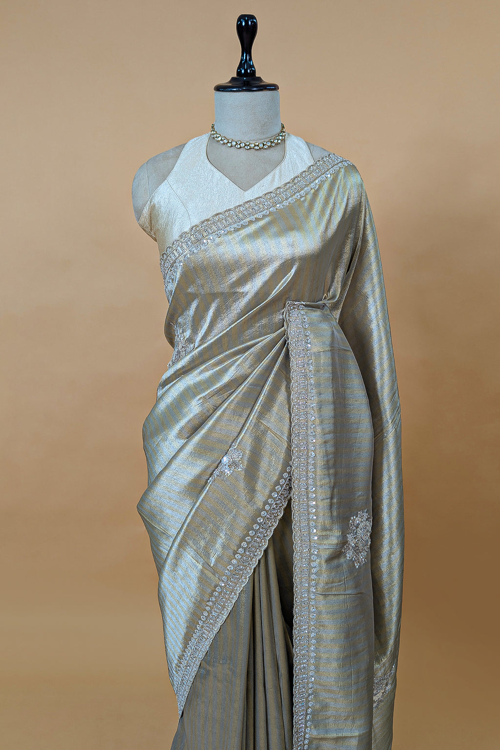 Golden and Silver Tissue Silk Stripe Saree with Sequin and Bead Work