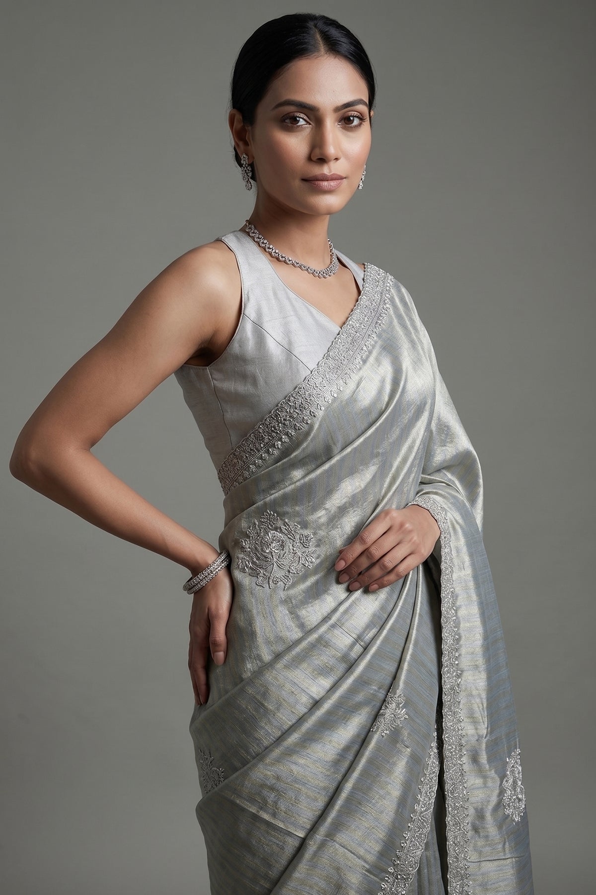 Golden and Silver Tissue Silk Stripe Saree with Sequin and Bead Work