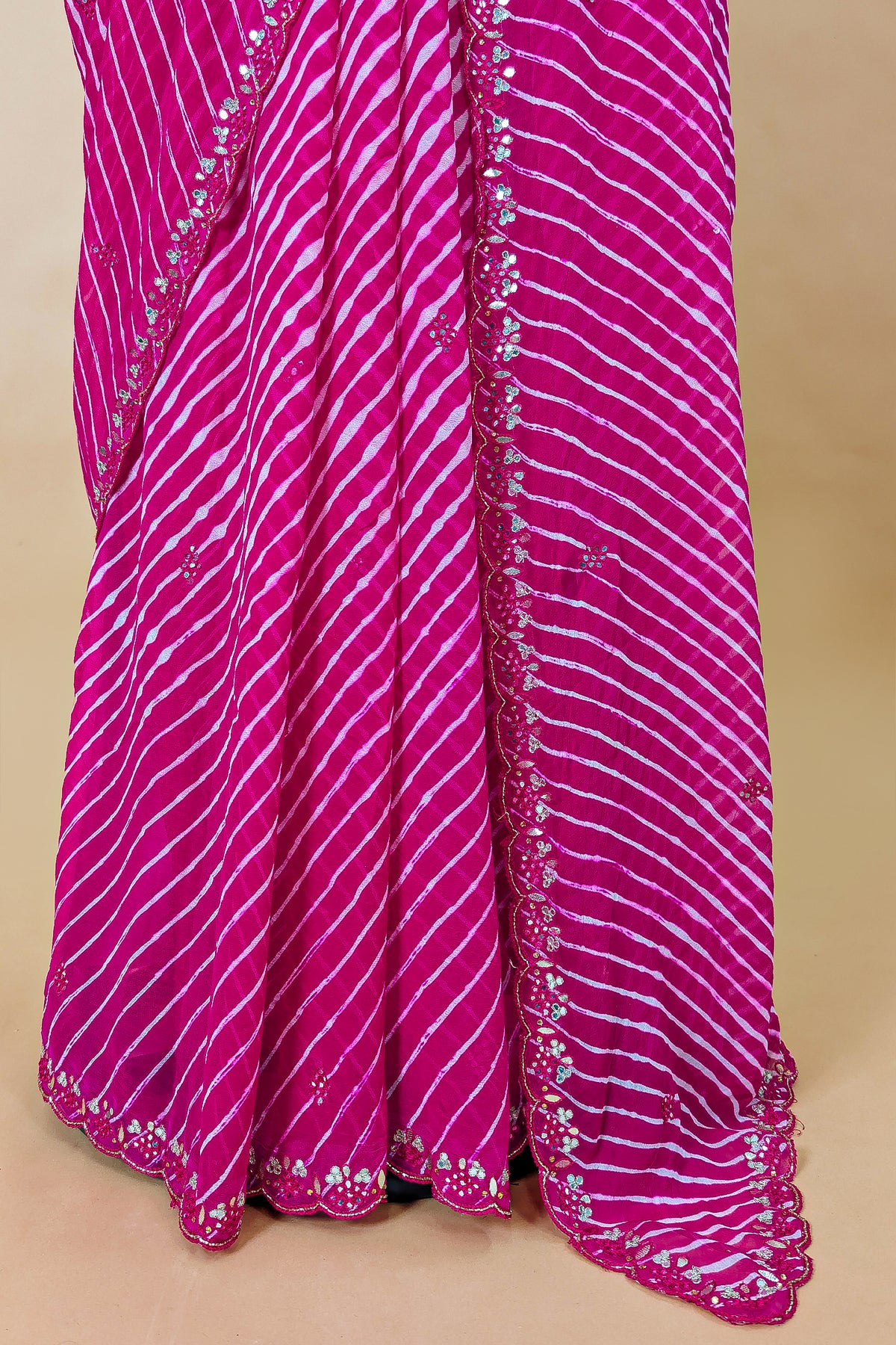 Pink Chiffon Georgette Leheriya Printed Saree with Applique Work