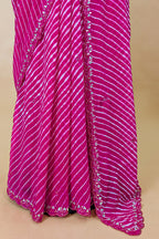 Pink Chiffon Georgette Leheriya Printed Saree with Applique Work