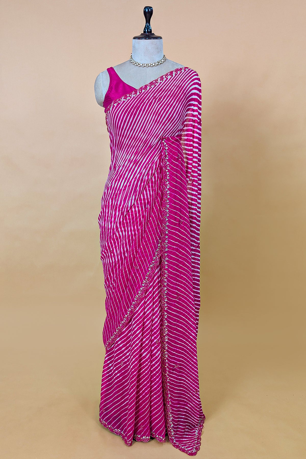 Pink Chiffon Georgette Leheriya Printed Saree with Applique Work