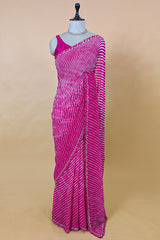 Pink Chiffon Georgette Leheriya Printed Saree with Applique Work