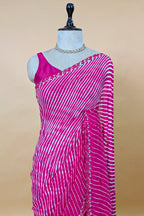 Pink Chiffon Georgette Leheriya Printed Saree with Applique Work