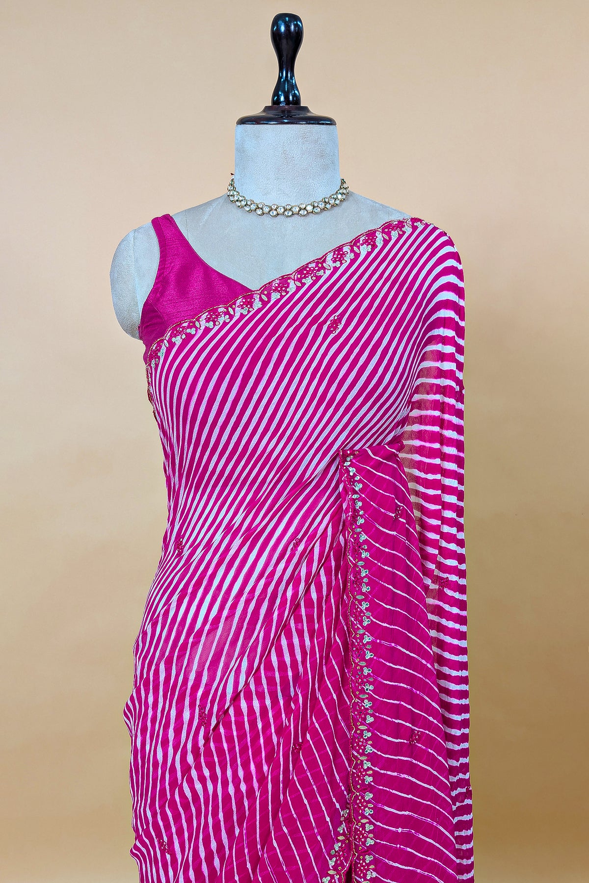 Pink Chiffon Georgette Leheriya Printed Saree with Applique Work