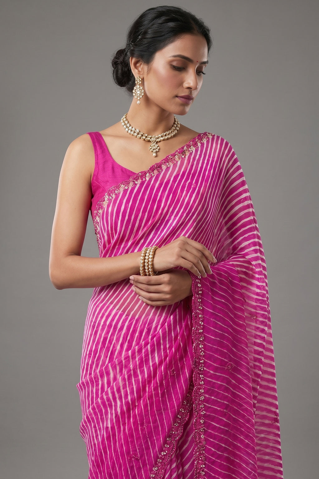Pink Chiffon Georgette Leheriya Printed Saree with Applique Work