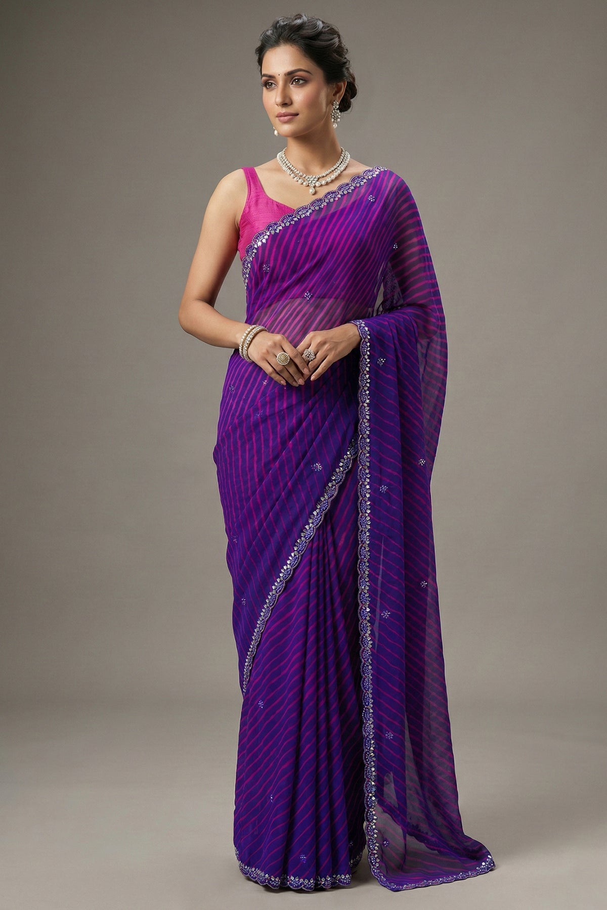 Purple Chiffon Georgette Leheriya Printed Saree with Applique Work