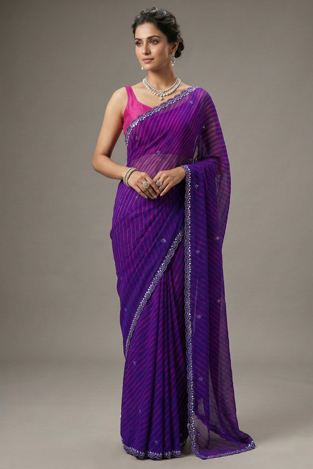 Purple Chiffon Georgette Leheriya Printed Saree with Applique Work