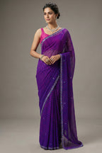 Purple Chiffon Georgette Leheriya Printed Saree with Applique Work