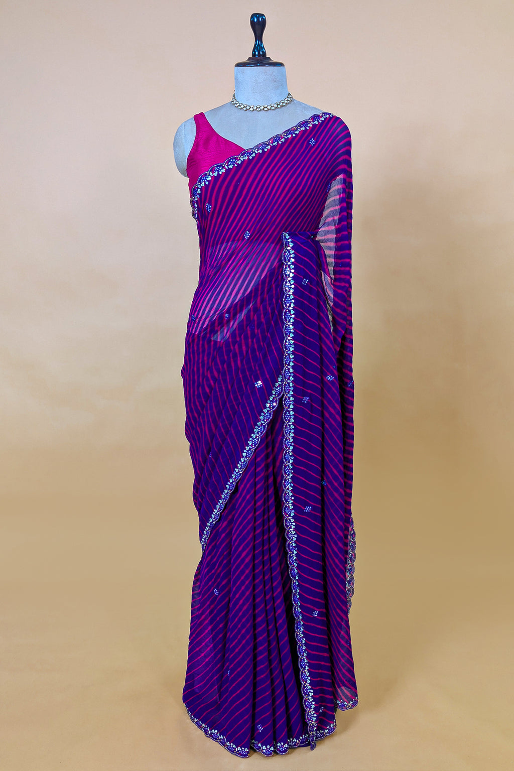 Purple Chiffon Georgette Leheriya Printed Saree with Applique Work