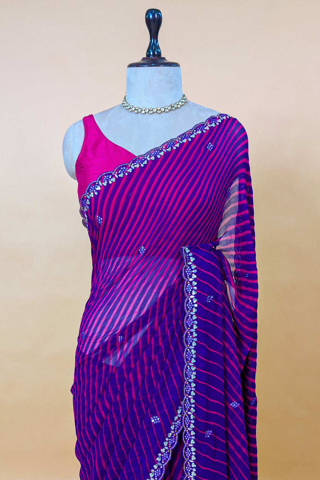 Purple Chiffon Georgette Leheriya Printed Saree with Applique Work