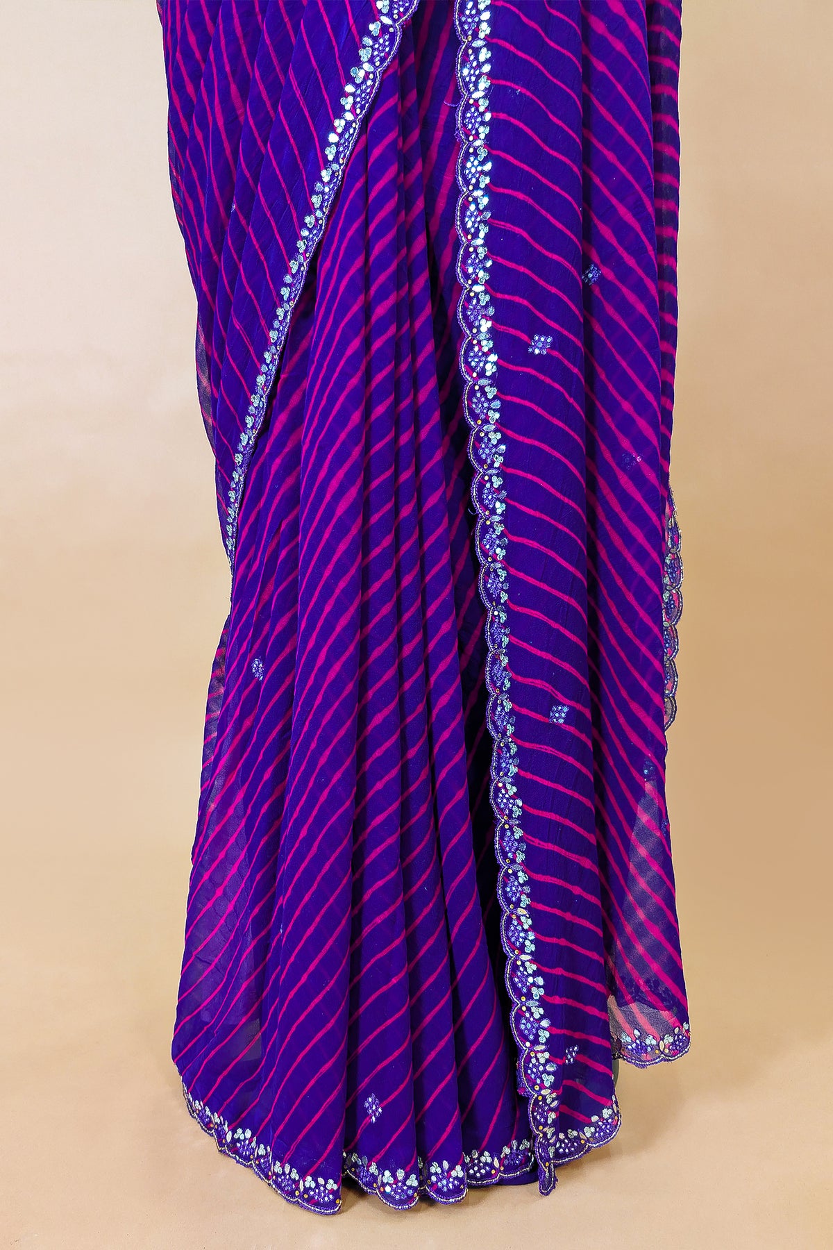 Purple Chiffon Georgette Leheriya Printed Saree with Applique Work