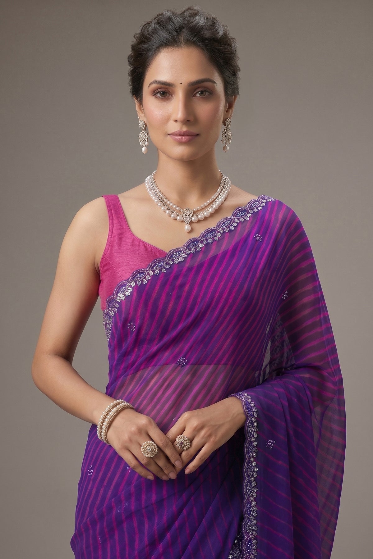 Purple Chiffon Georgette Leheriya Printed Saree with Applique Work