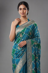Sky Blue Dola Silk Printed Saree with Embroidery