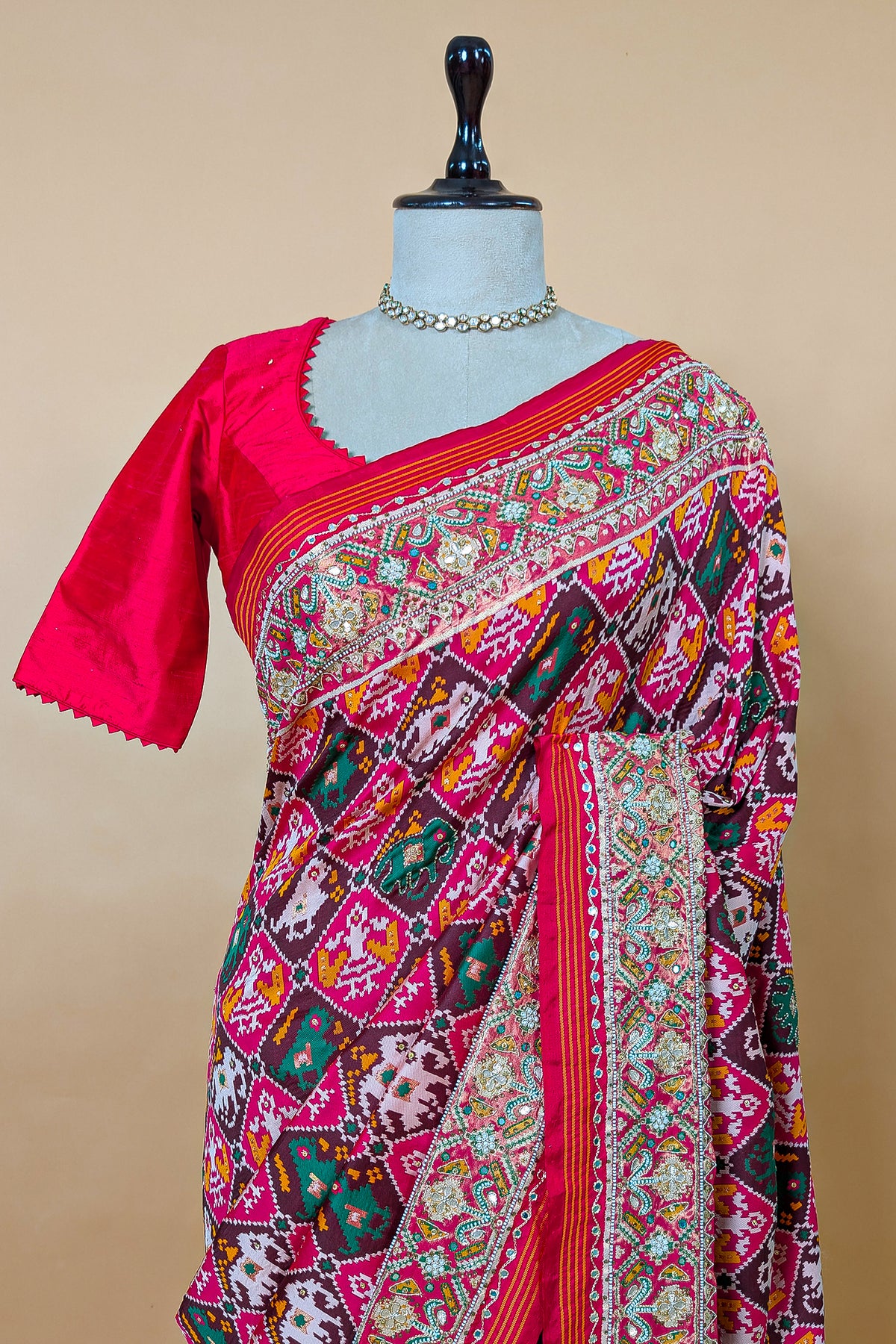 Multi Colored Silk Traditional Checks Patola Saree with Beads and Gota Work