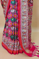 Multi Colored Silk Traditional Checks Patola Saree with Beads and Gota Work