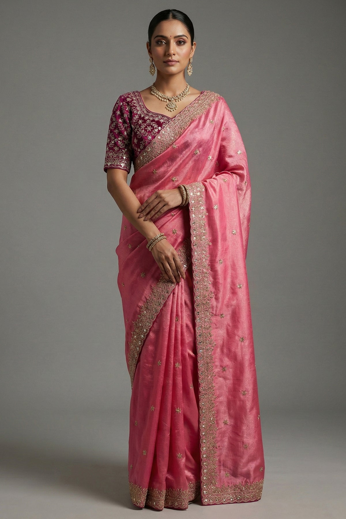 Light Pink Tissue Silk Gota Worked Saree with Readymade Blouse