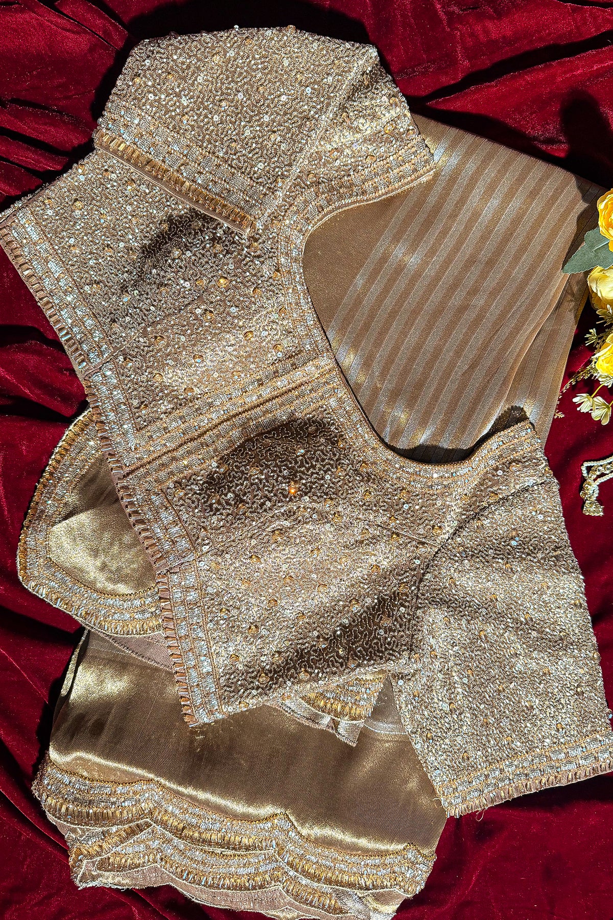 Golden Tissue Silk Designer Scallop Border Saree with Readymade Blouse