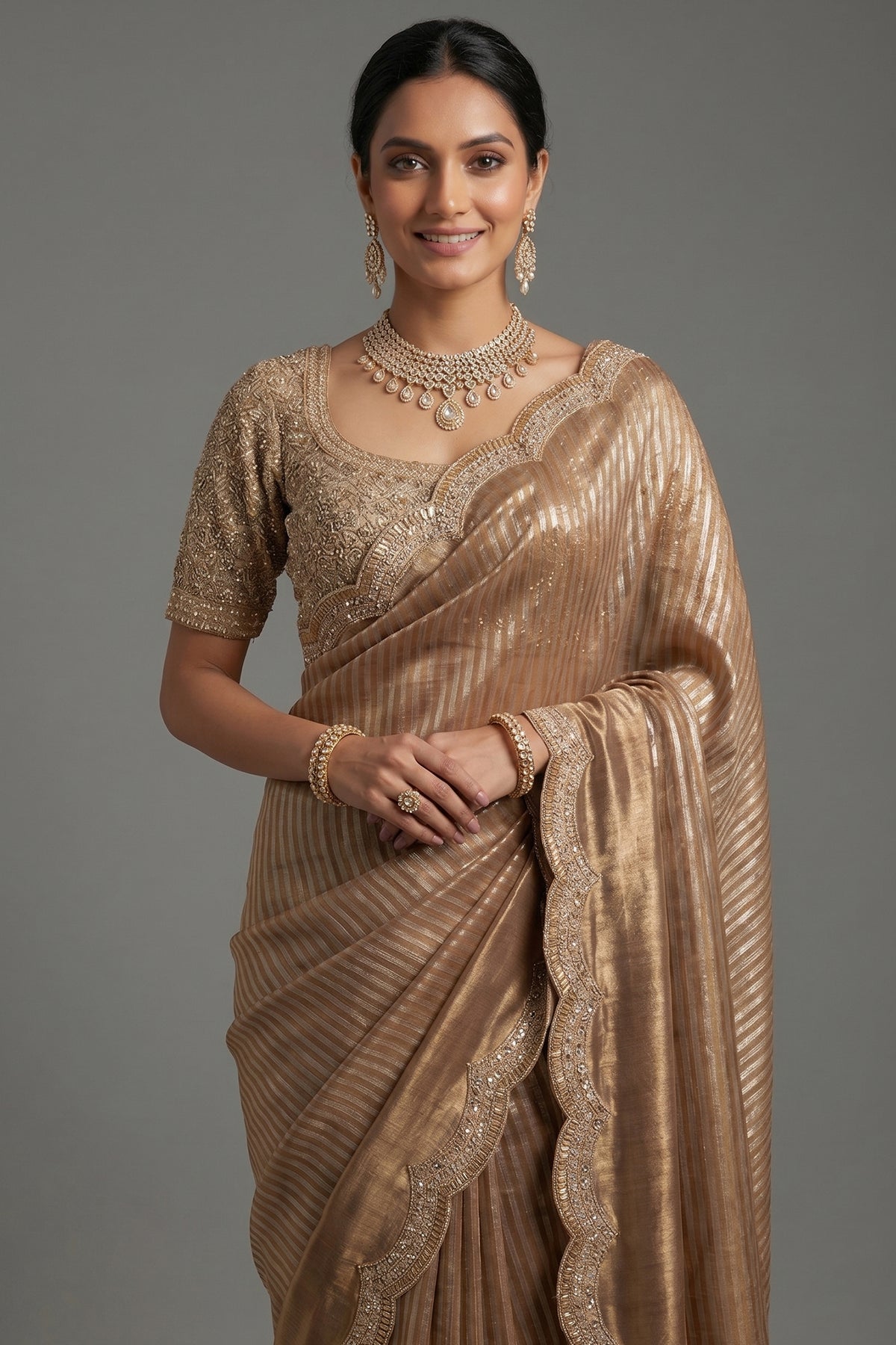 Golden Tissue Silk Designer Scallop Border Saree with Readymade Blouse