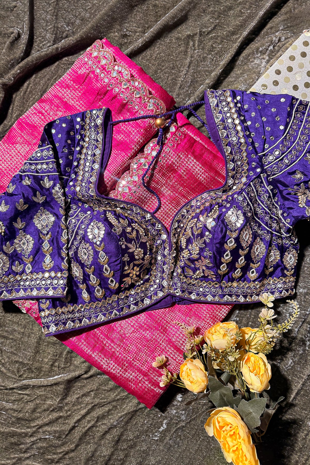 Rani Pink Dola Silk Woven Saree with Contrast Readymade Blouse