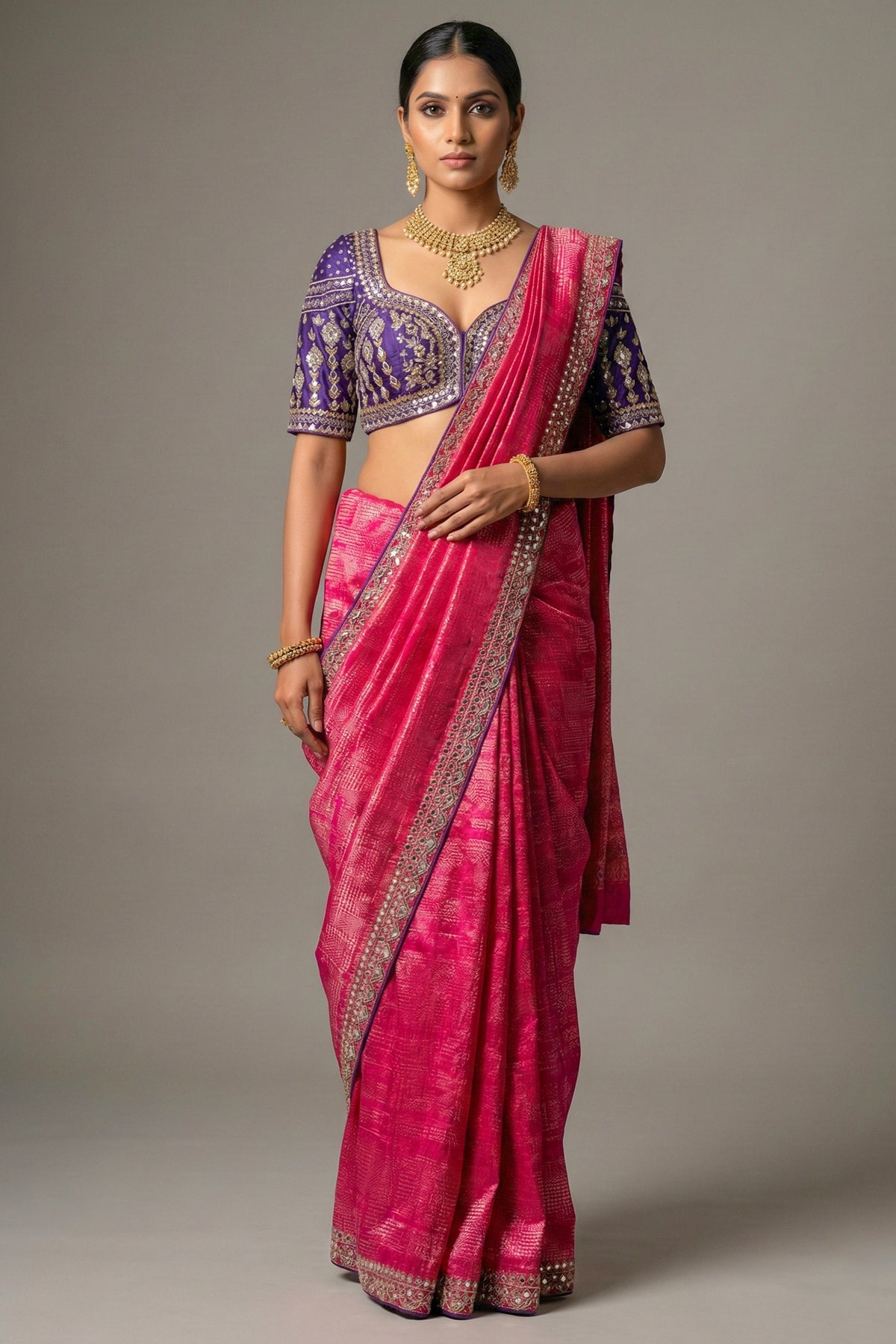 Rani Pink Dola Silk Woven Saree with Contrast Readymade Blouse