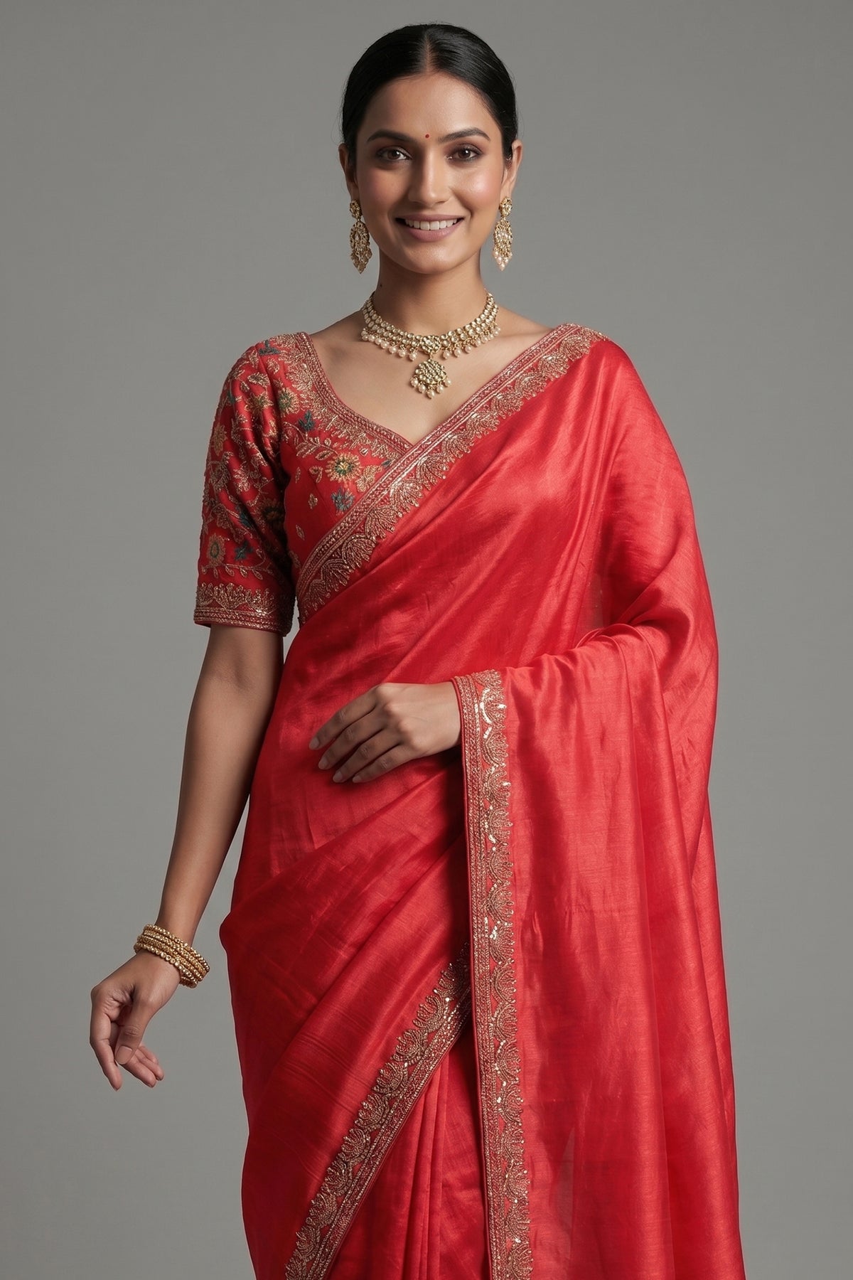 Red Chinon Tissue Silk Saree with Readymade Blouse