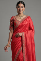 Red Chinon Tissue Silk Saree with Readymade Blouse