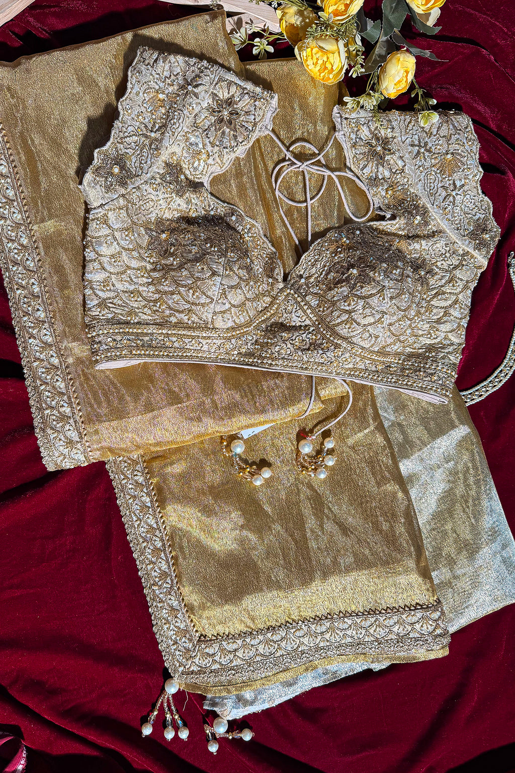 Golden and Silver Tissue Silk Saree with Designer Readymade Blouse