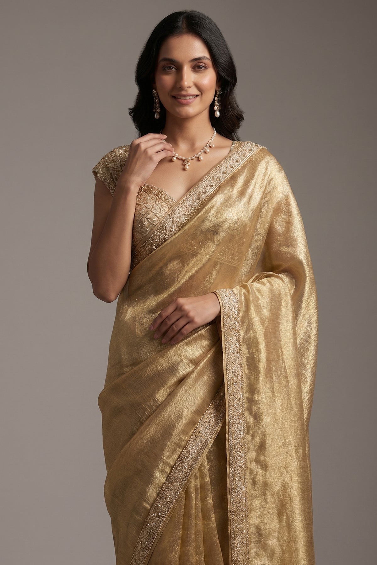 Golden and Silver Tissue Silk Saree with Designer Readymade Blouse