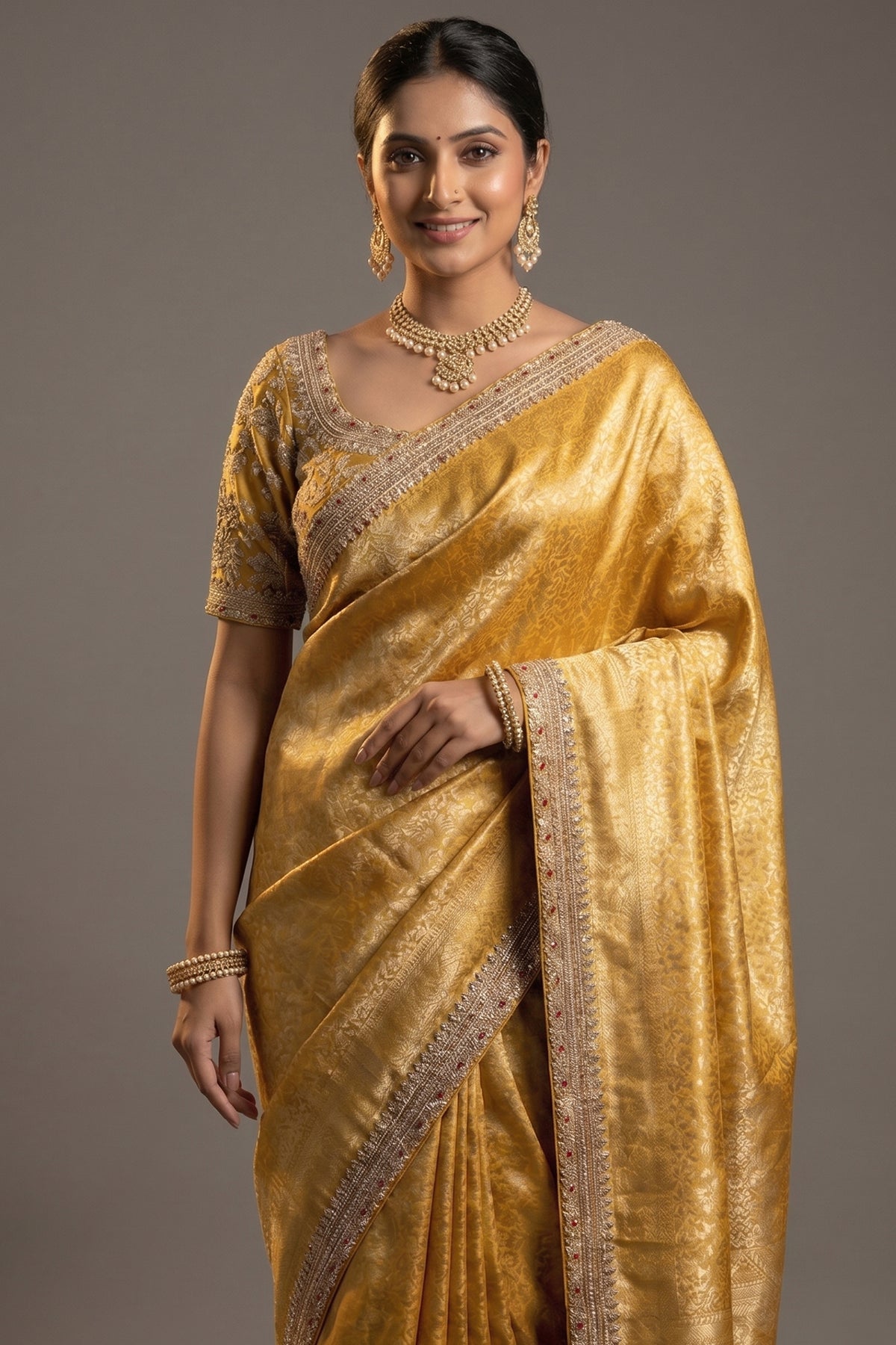 Yellow Dola Silk Woven Saree with Designer Zardosi Worked Readymade Blouse
