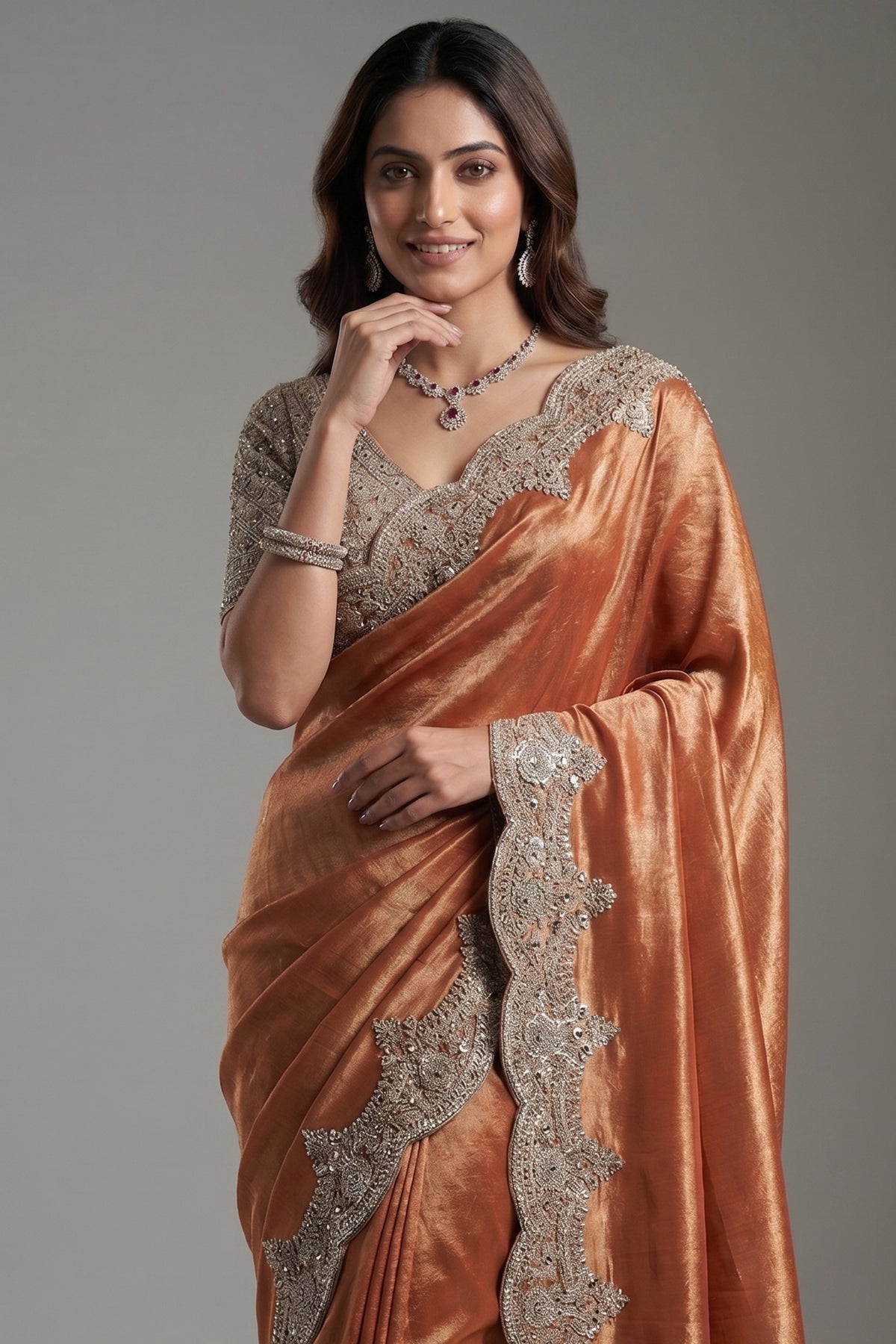 Rust Orange and Golden Two Toned Kanchipuram Viscose Silk Designer Saree with Readymade Blouse