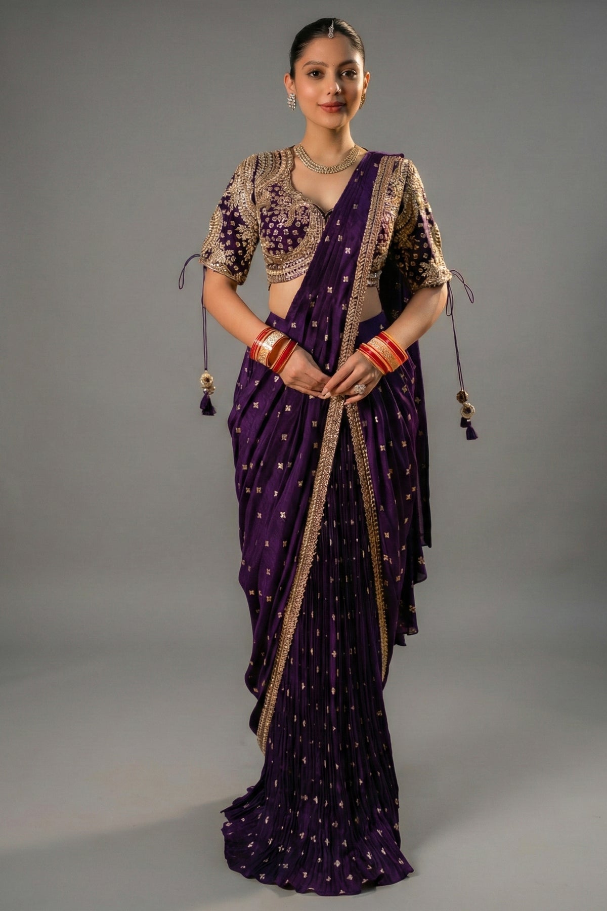 Imperial Plum Purple Raw Silk Pleated Ready to Wear Woven Saree with Designer Readymade Blouse