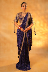 Imperial Plum Purple Raw Silk Pleated Ready to Wear Woven Saree with Designer Readymade Blouse