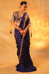 Imperial Plum Purple Raw Silk Pleated Ready to Wear Woven Saree with Designer Readymade Blouse