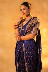 Imperial Plum Purple Raw Silk Pleated Ready to Wear Woven Saree with Designer Readymade Blouse