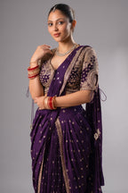 Imperial Plum Purple Raw Silk Pleated Ready to Wear Woven Saree with Designer Readymade Blouse