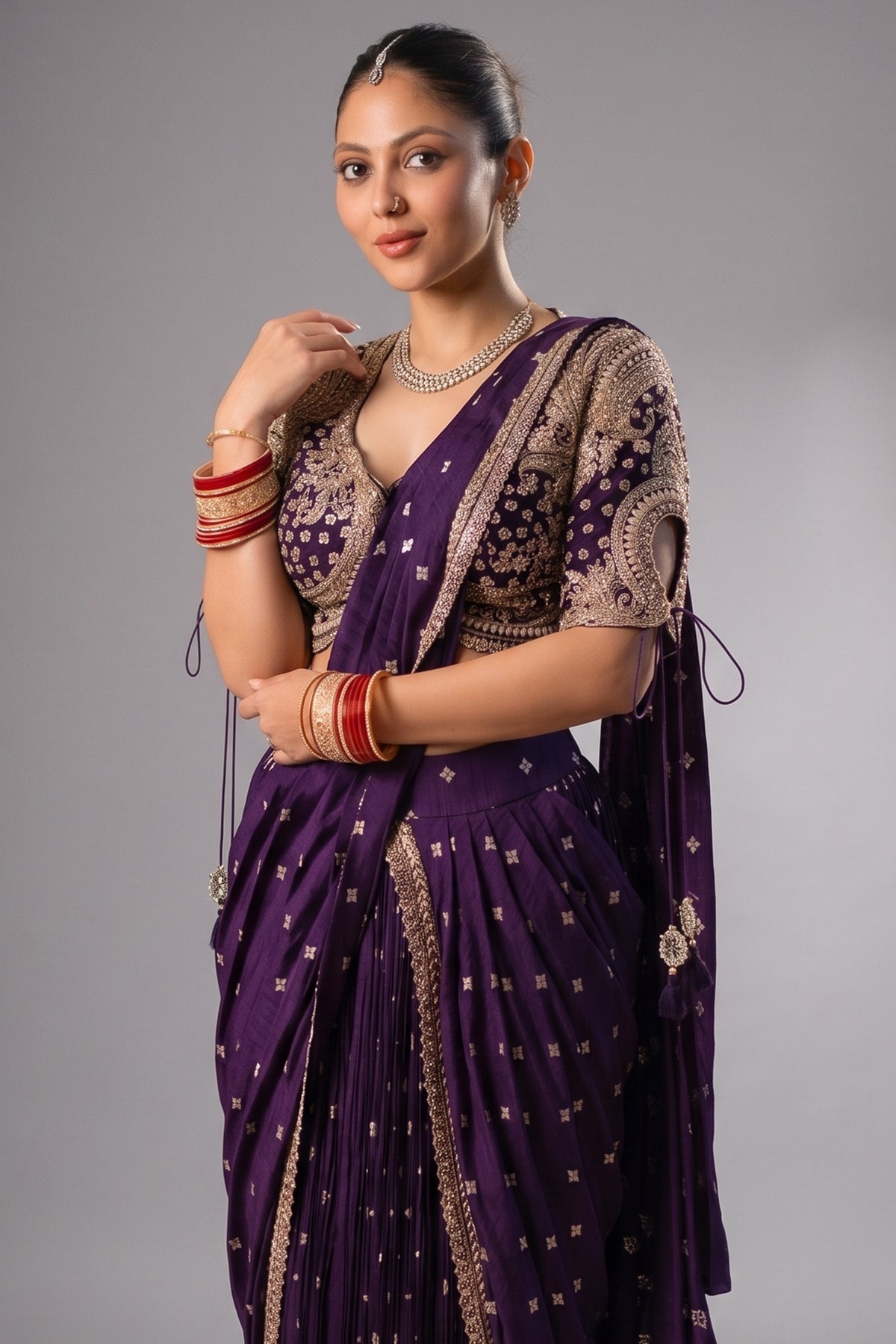 Imperial Plum Purple Raw Silk Pleated Ready to Wear Woven Saree with Designer Readymade Blouse