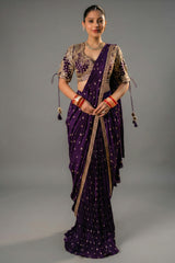 Imperial Plum Purple Raw Silk Pleated Ready to Wear Woven Saree with Designer Readymade Blouse