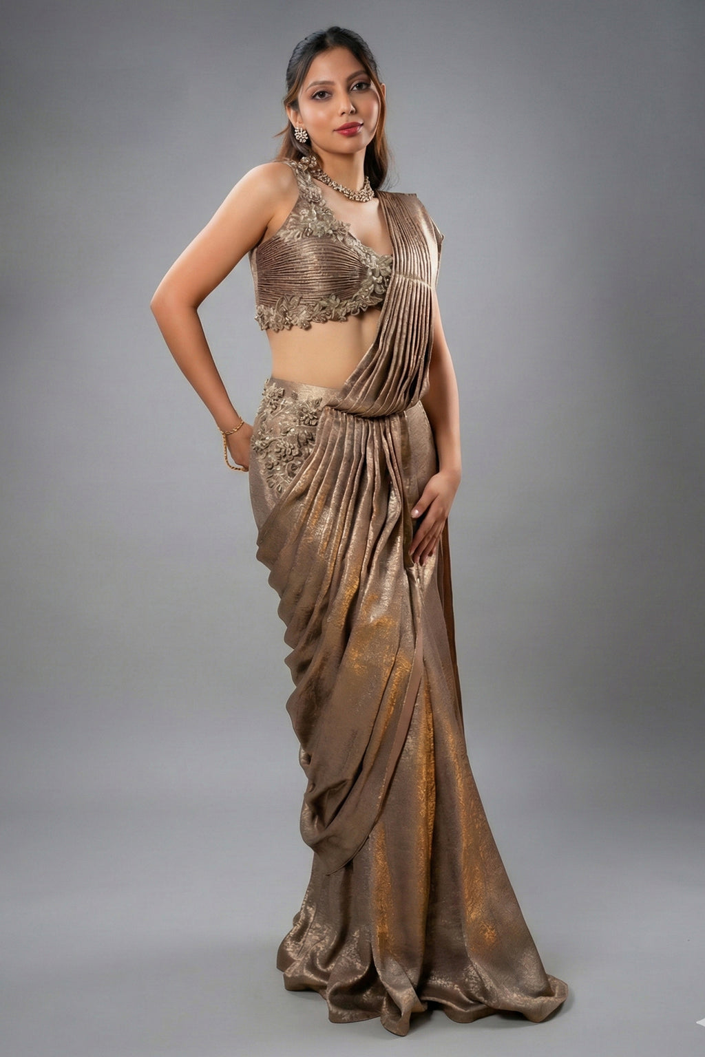 Champagne Beige and Rose Pink Imported Ready to Wear Saree with Designer Blouse