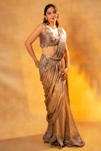 Champagne Beige and Rose Pink Imported Ready to Wear Saree with Designer Blouse
