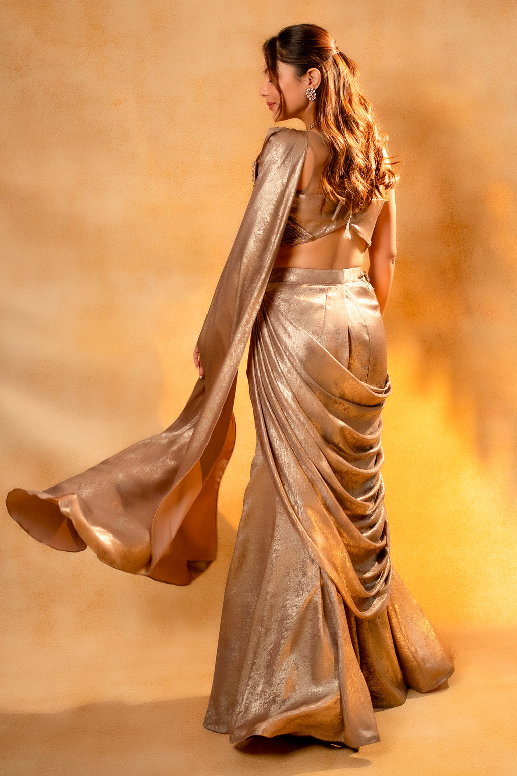 Champagne Beige and Rose Pink Imported Ready to Wear Saree with Designer Blouse