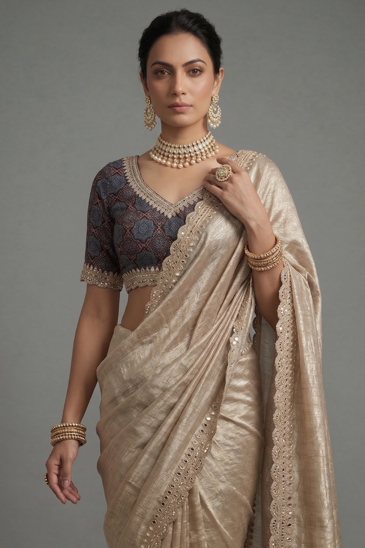 Grey Tissue Silk Mirror Applique and Cutdana Worked Saree with Ajrakh Printed Readymade Blouse
