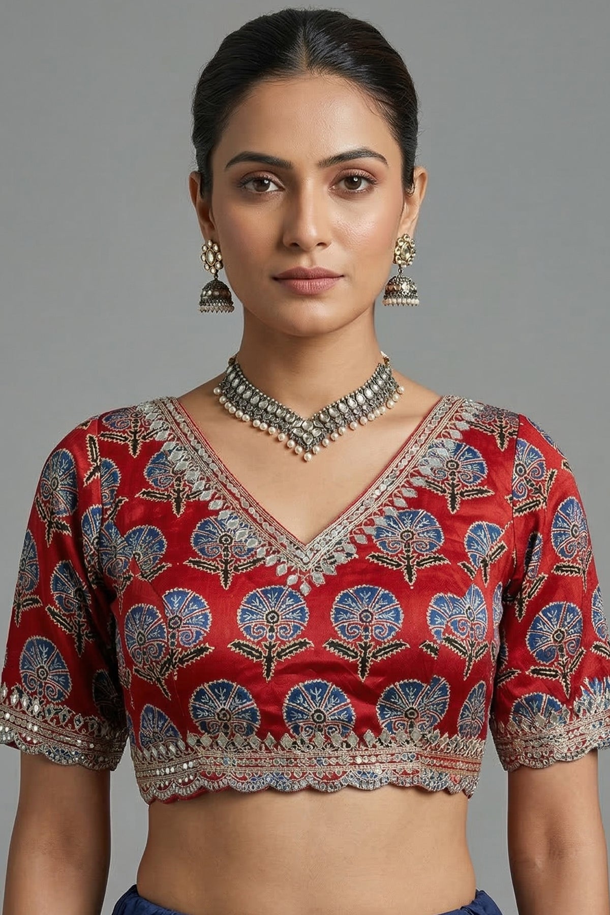 Grey Tissue Silk Mirror Applique and Cutdana Worked Saree with Ajrakh Printed Readymade Blouse