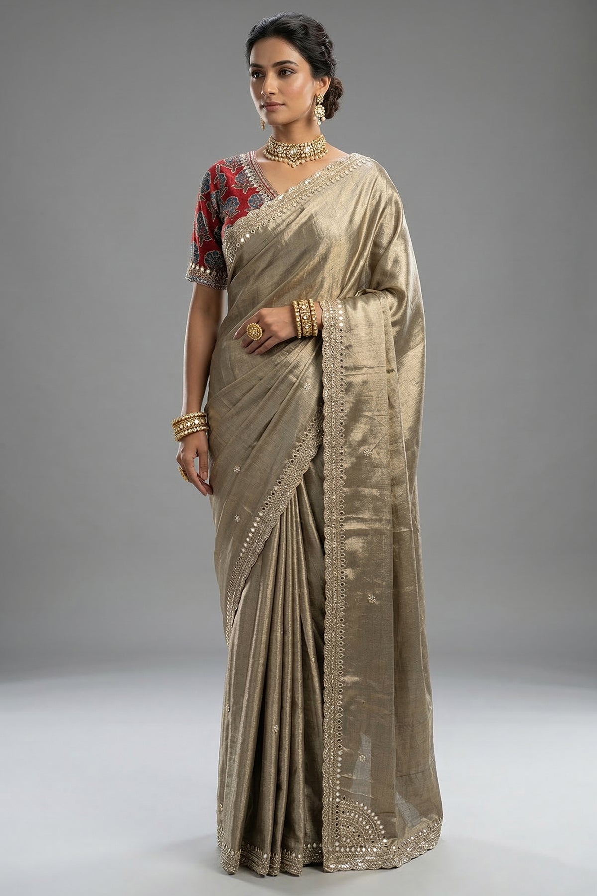 Grey Tissue Silk Mirror Applique and Cutdana Worked Saree with Ajrakh Printed Readymade Blouse
