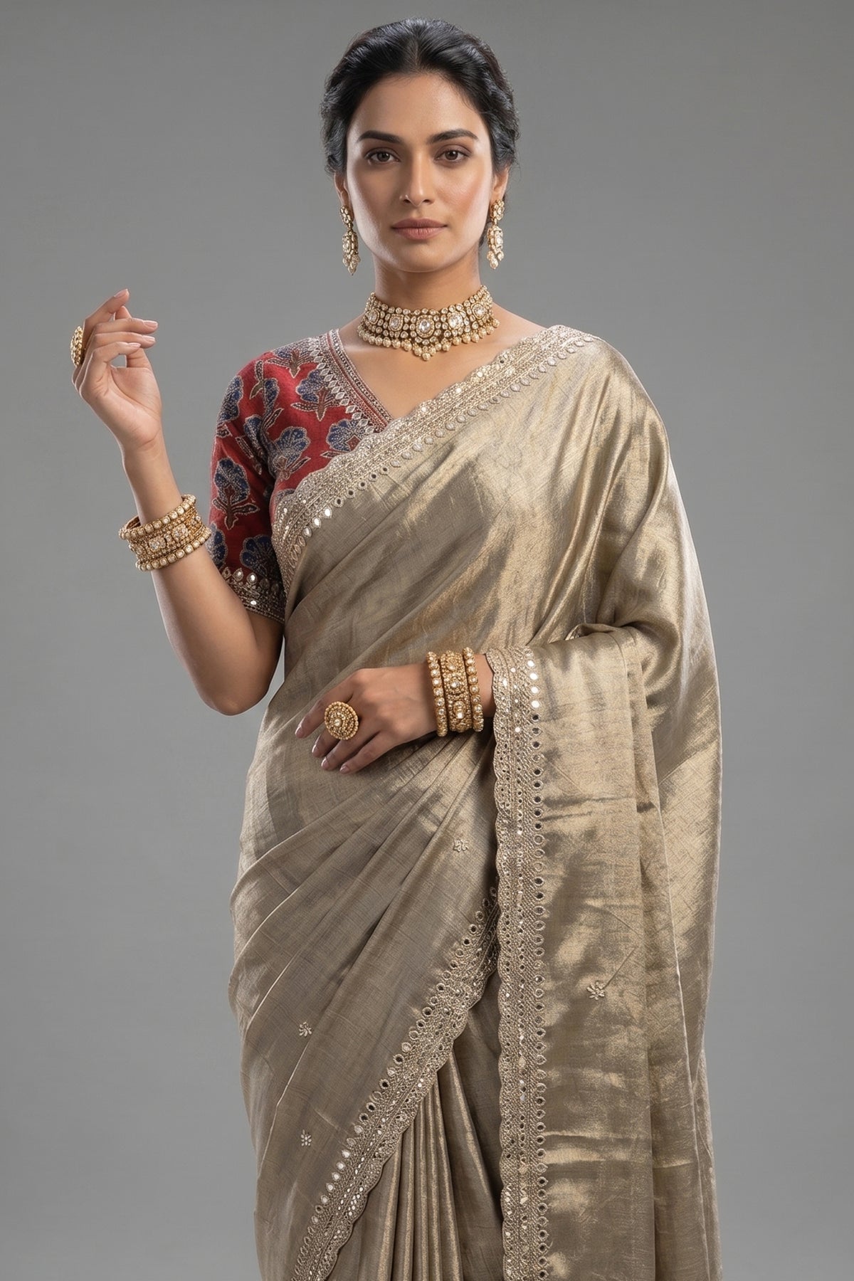 Grey Tissue Silk Mirror Applique and Cutdana Worked Saree with Ajrakh Printed Readymade Blouse
