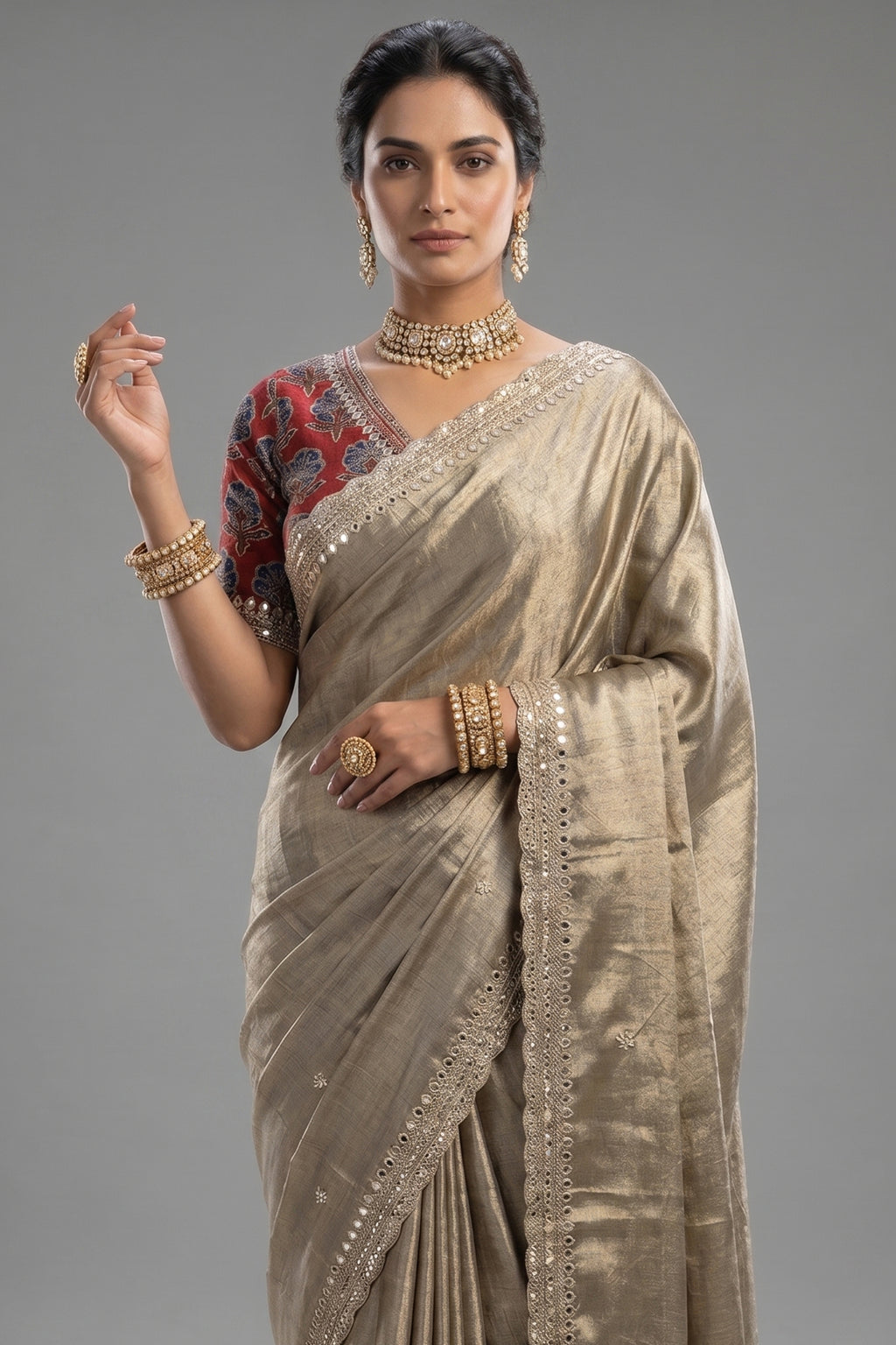Grey Tissue Silk Mirror Applique and Cutdana Worked Saree with Ajrakh Printed Readymade Blouse