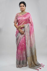 Pink and Grey Omber Organza Silk Saree with Weaving Pallu and Readymade Blouse