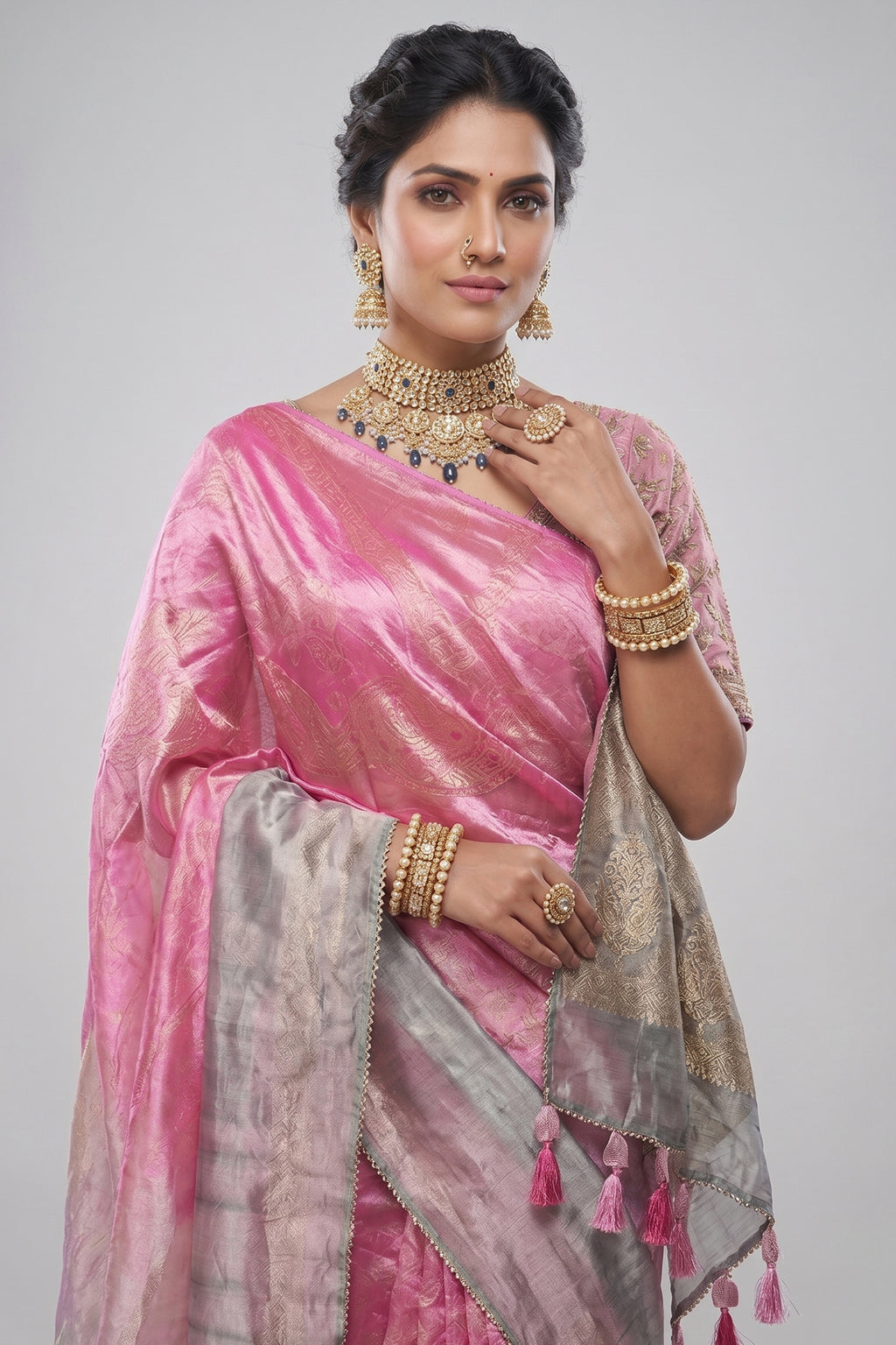 Pink and Grey Omber Organza Silk Saree with Weaving Pallu and Readymade Blouse
