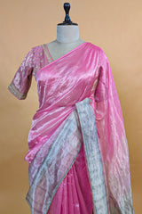 Pink and Grey Omber Organza Silk Saree with Weaving Pallu and Readymade Blouse